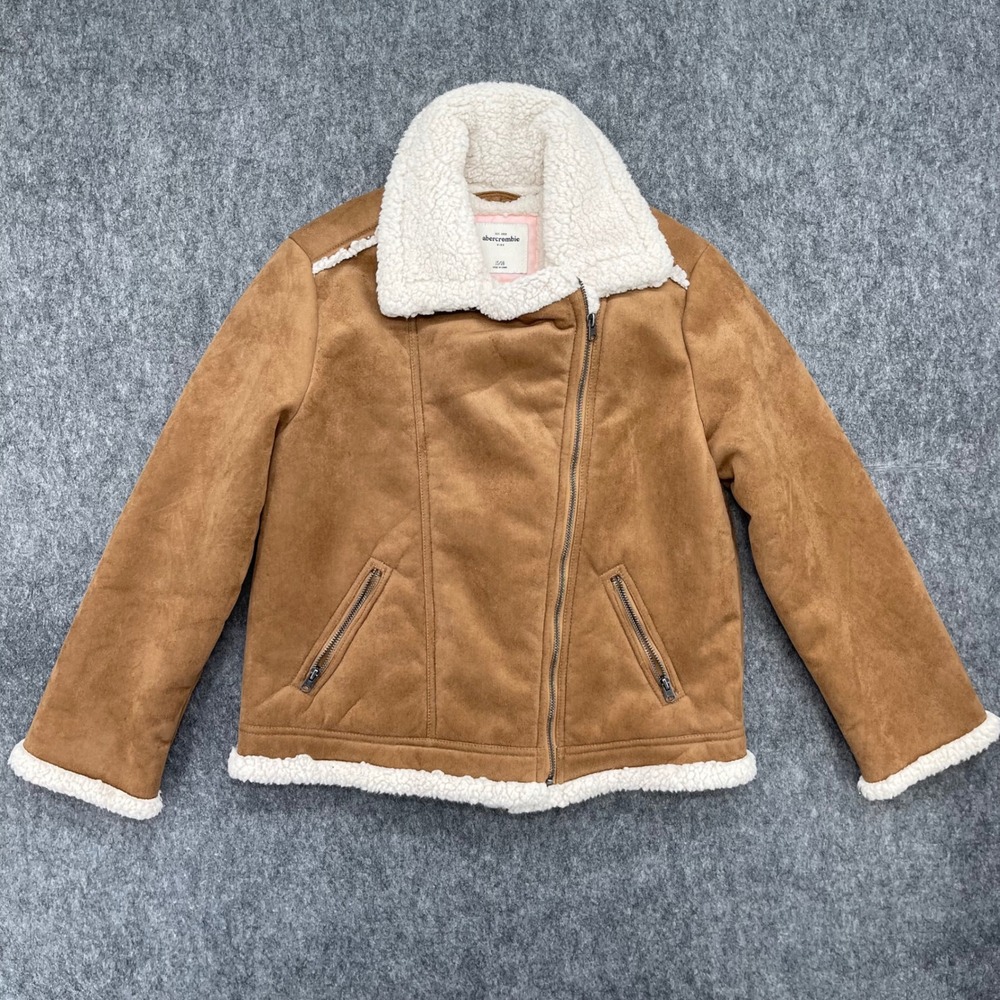 Abercrombie Jacket Kids 15/16 Faux Suede Sherpa Aviator Jacket Tan Brown Moto